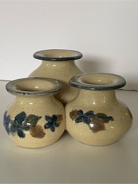 Handmade Art Pottery Small Bud Vase 3 Attached Beige Blue Flowers 3” Signed